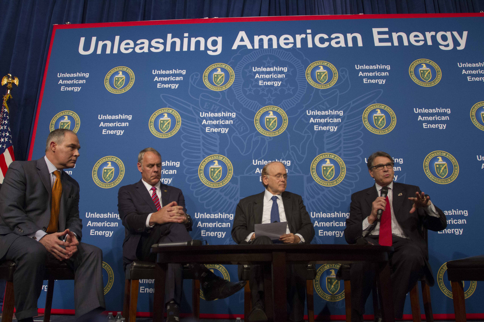 The Trump Administration has pursued what it calls “energy dominance.” Pictured from left to right on June 29, 2017: former U.S. Environmental Protection Agency Administrator Scott Pruitt, Interior Secretary Ryan Zinke, energy expert Daniel Yergin, and Energy Secretary Rick Perry.