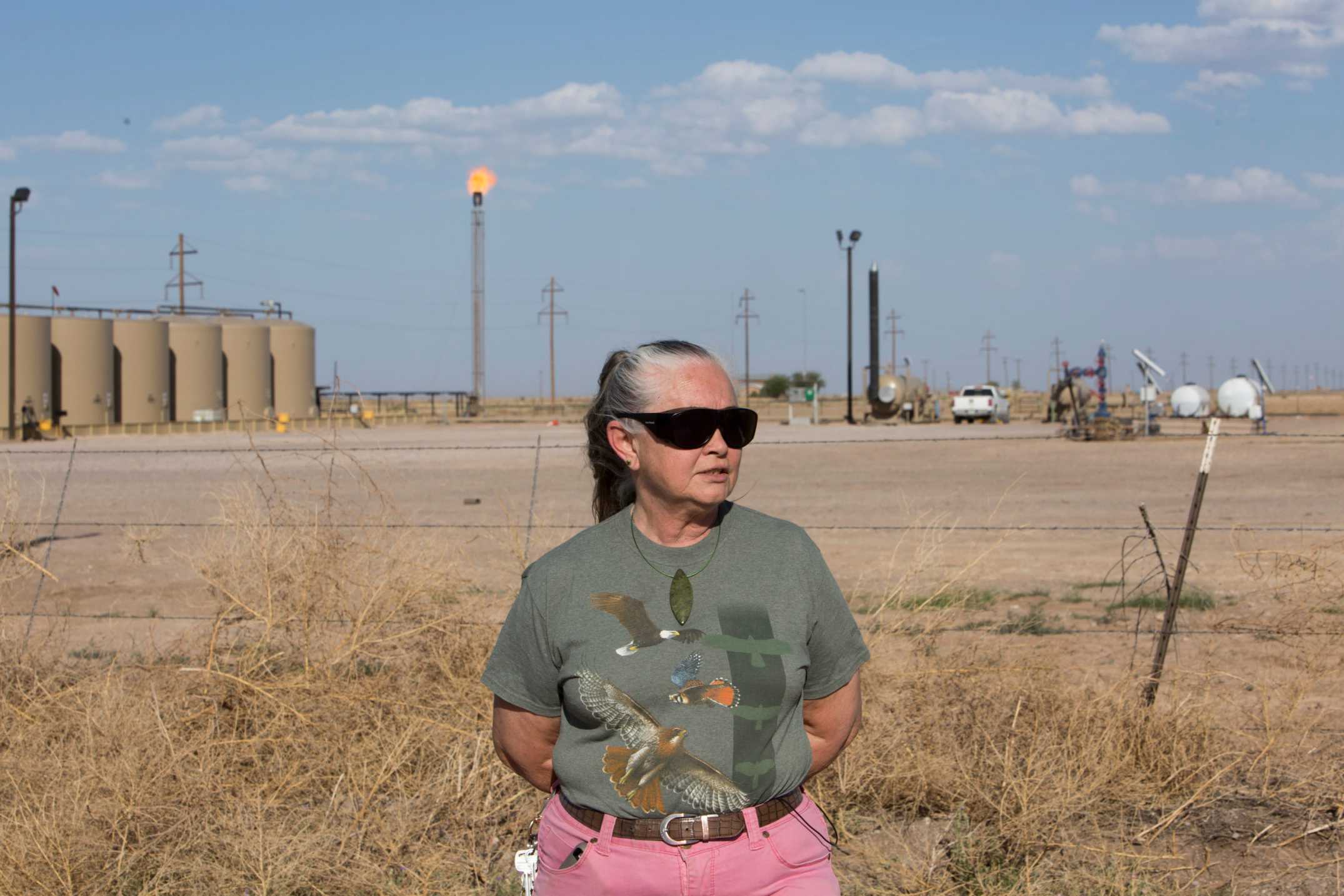 Suzanne Franklin stands near her home in Reeves County, Texas.